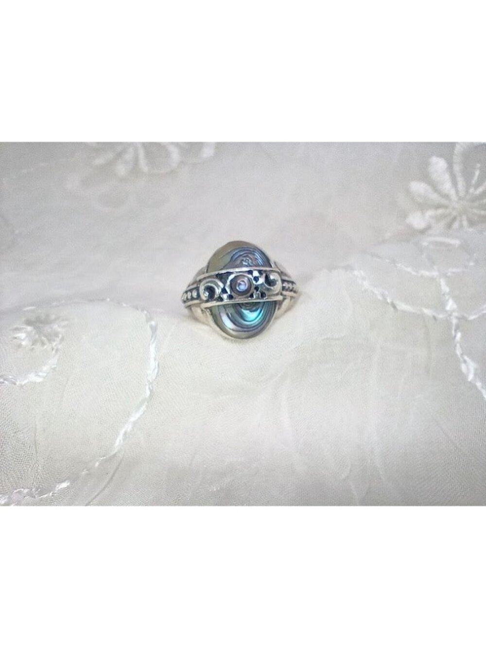 Dual Abalone Shell Stones & Filigree Design Sterling Silver Ring Boho/Native - Picture 6 of 11